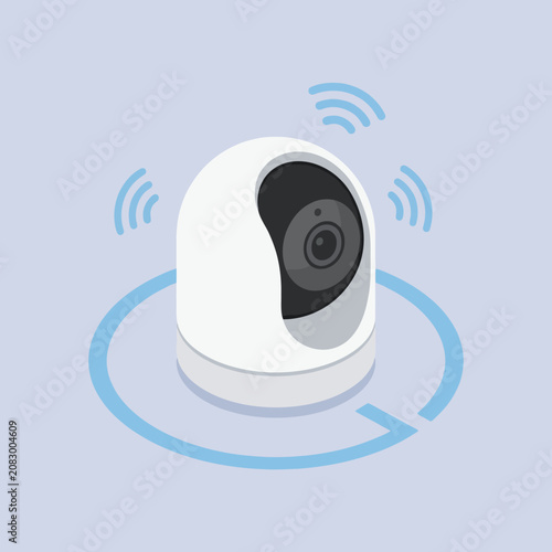 A modern white security camera sits on a light blue background
