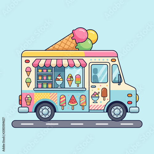 A colorful ice cream truck drives along a paved city road