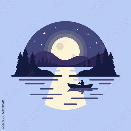 A lone person paddles a canoe on a calm lake at night