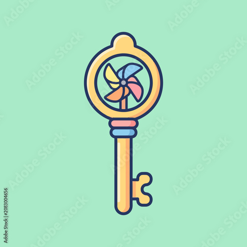 A colorful decorative key with a spinning toy wheel design element