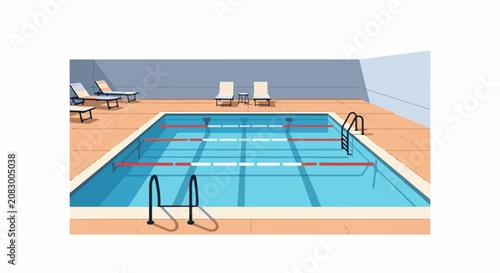 A swimming pool with lanes ladders lounge chairs and a small table