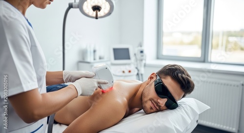 Man receiving laser hair removal treatment on his shoulder by a professional in a clinic.