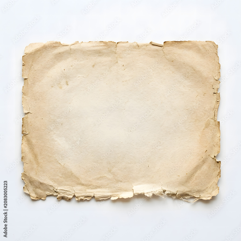 Fototapeta premium Old weathered piece of rectangular parchment paper with rough torn edges isolated on white background
