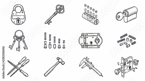 Collection of various locksmith tools and security hardware icons.