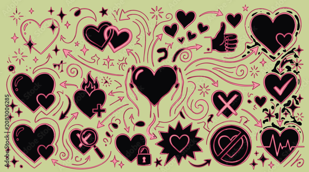 Fototapeta premium Love and hearts hand drawn doodle background with valentine affection handdrawn background illustration romantic abstract collection ornament decorative relationship valentines