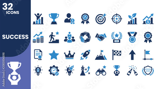 Photos Professional two-tone blue and navy blue success solid icon set featuring achievement, leadership, business growth, trophies, goals, motivation, productivity, and excellence symbols