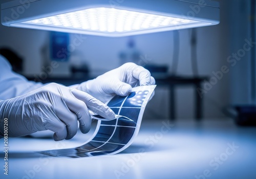 Gloved hands carefully bend a thin, flexible solar panel under a bright laboratory light to test durability and energy efficiency levels, photovoltaic cell, ecology, future technology