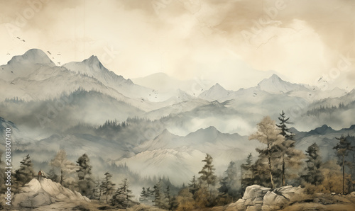 Vintage mountains landscape. landscape in retro style