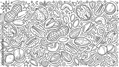 Fotografie Hand drawn doodle set of various nuts and snacks with hazelnuts pistachios backg