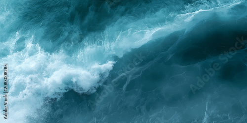 Foto Powerful stormy ocean waves crashing against rocky coast under dramatic sky, blu