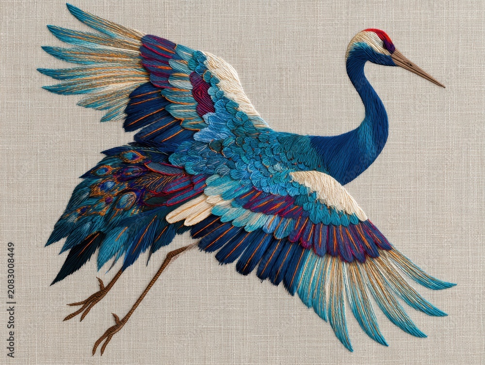 Fototapeta premium A vibrant embroidered blue crane with spread wings on textile background