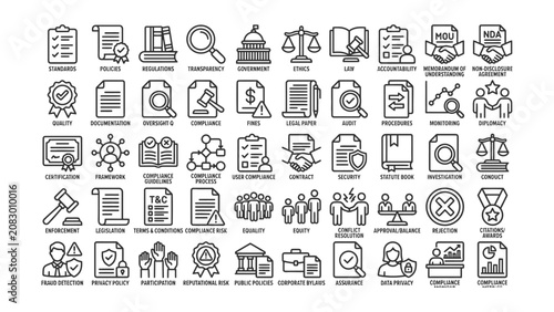 Compliance and regulatory icons set including law ethics standards policies regulations and business agreement symbols for governance and risk management  business concept