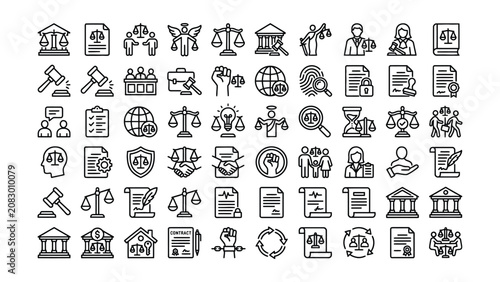 Law and justice icons set with scales gavel documents people and buildings in simple line style on white transparent background