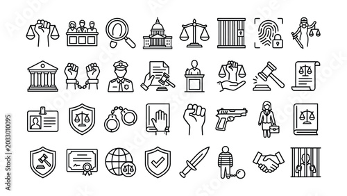 Schilderij op canvas Set of black line icons depicting various law and justice concepts on transparen