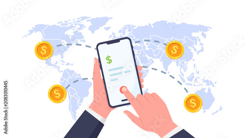 Принти на полотні vector illustration of Hands holding a smartphone showing a payment screen with dollar icon and coins over a world map, illustrating global money transfer, mobile banking and online payment