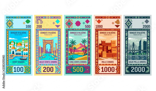 Bild auf Leinwand Algerian Dinar banknotes vertical vector illustration set.