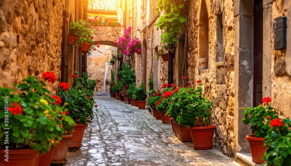 Obraz premium Charming Italian Cobblestone Alleyway Bathed in Golden Sunlight, Adorned with Vibrant Flowers and Lush Greenery