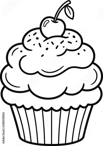 Fotografie Cupcake with a single cherry on top displayed as a simple line art drawing isolated on a white background for food coloring pages