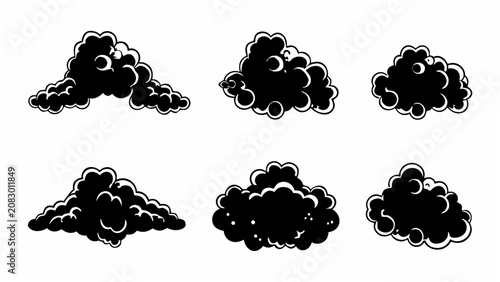 Fotografía Six black cloud shapes arranged on a white background in a flat illustrative sty