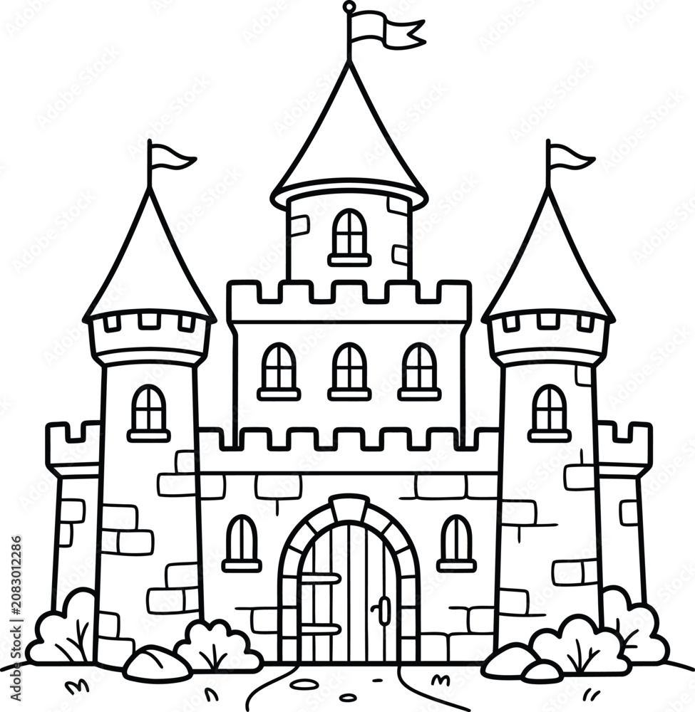 Fototapeta premium Medieval stone castle fortress coloring page for children activity