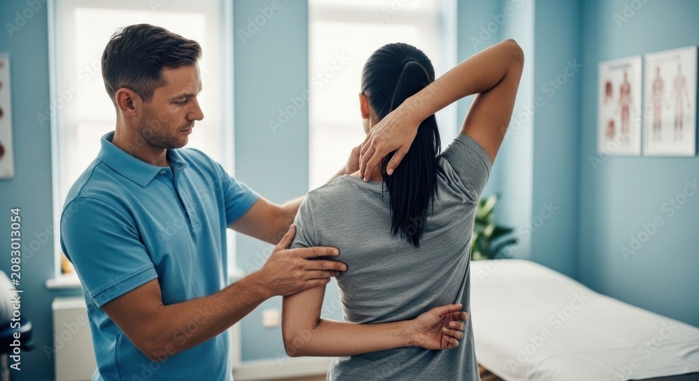 Fototapeta premium Physical therapist examining a patients upper back and shoulder.