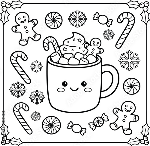 Foto Festive christmas kawaii elements and hot cocoa colouring page