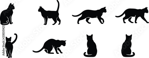 Eight black cat silhouettes in various poses and actions