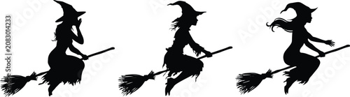 Three flying witches silhouette on white background for halloween