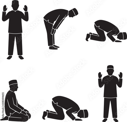 Muslim prayer positions silhouette set islamic rituals and worship vector illustration
