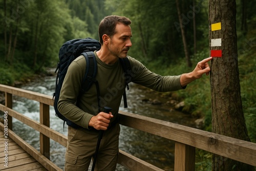 Male hiker checking trail signs on a tree while crossing wooden bridge in lush green forest with river flowing in the background. Ai generative