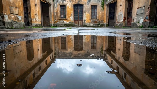 Reflection of an old weathered building with barred windows in a wet courtyard after rain