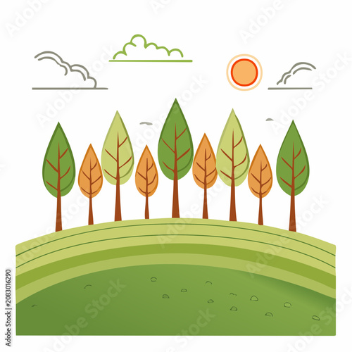 Stylized illustration of a forest landscape with trees, sun, and clouds