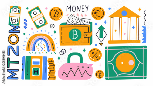 Photos Financial elements and currency symbols in a colorful vector illustration arrang