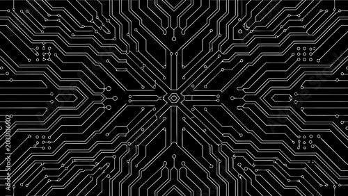 Circuit board pattern a symmetrical vector illustration with white lines on a black background