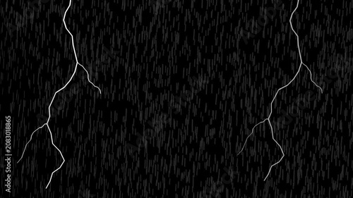 Heavy rain falling with three white lightning bolts striking on black background