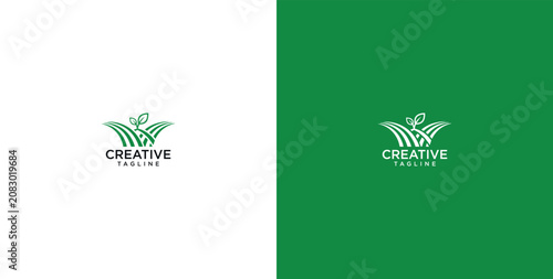 Konstfotografi Organic Farm Logo Design with Growing Plant and Field Icon