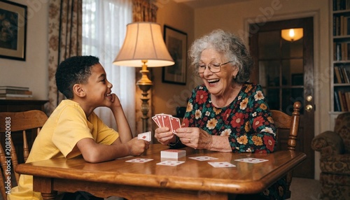 Older woman and young child play cards at a wooden table in a cozy living room, useful for family game night, memory care, and bonding promotions.