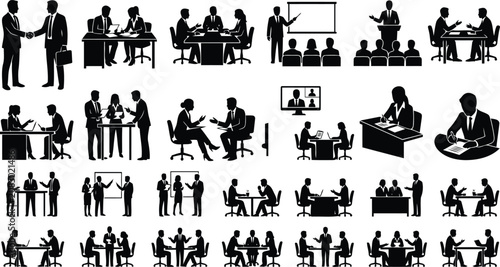 Corporate Teamwork and Business Communication Silhouette Vector Icons