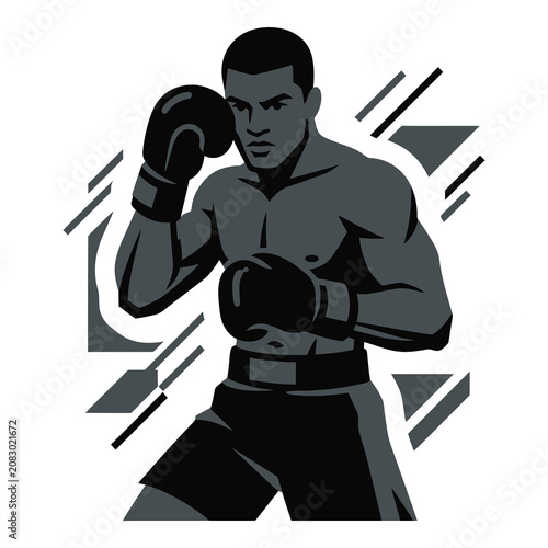 Gray silhouette of a male boxer wearing gloves in fighting stance icon