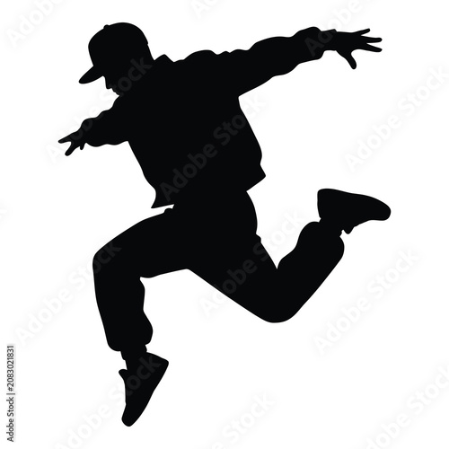 Man in baseball cap jumping with arms outstretched and one leg bent icon