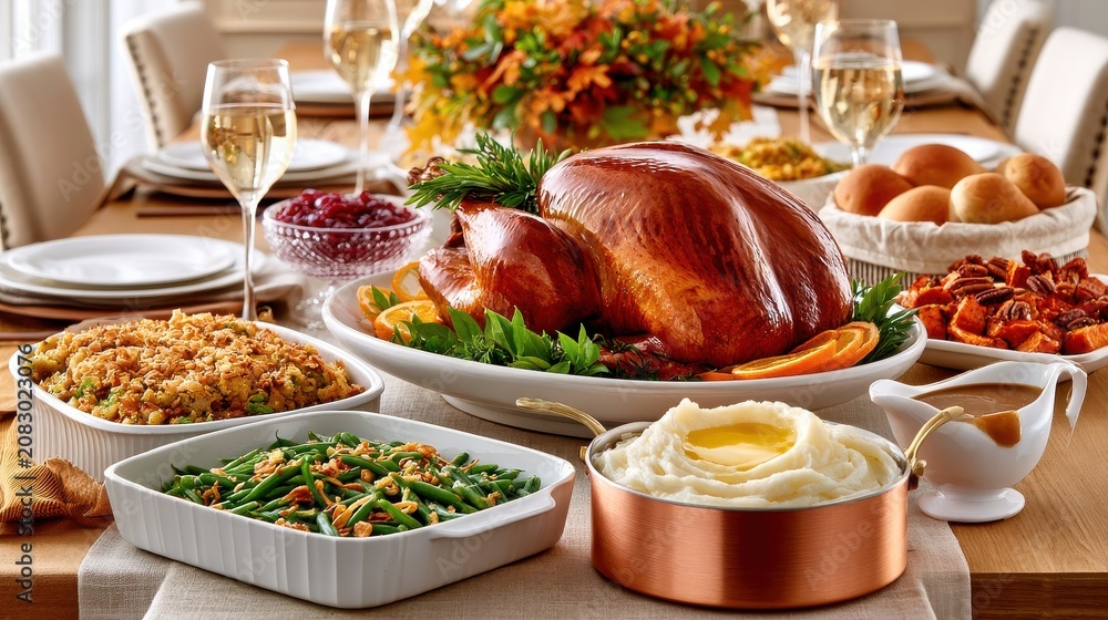 Fototapeta premium Roasted Thanksgiving turkey with classic sides on a fully set holiday dinner table