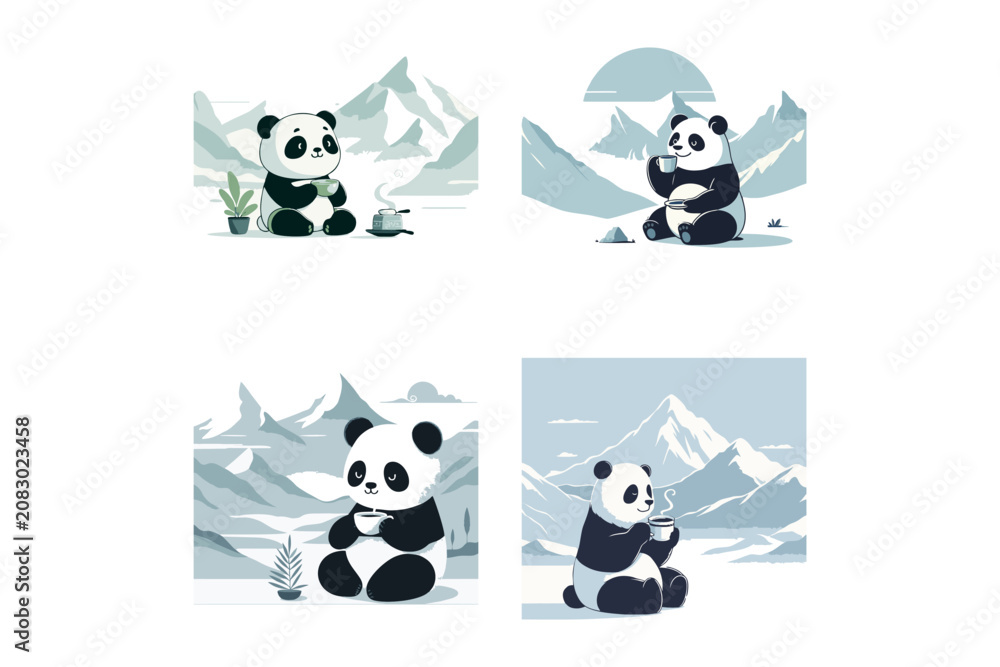 Obraz premium This is a vector logo featuring a panda mascot drinking tea against a mountain background; it is suitable for logo designs for food and beverage companies, plush toys, packaging, eateries, restaurants