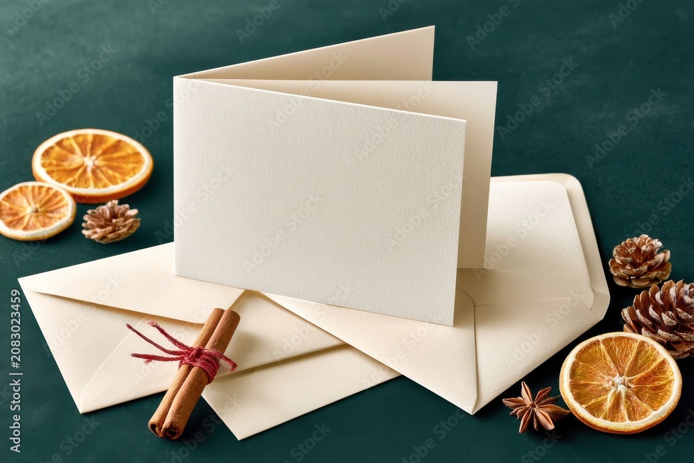 Fototapeta premium Christmas greeting card mockup with envelopes, dried oranges, cinnamon and pinecones on dark background