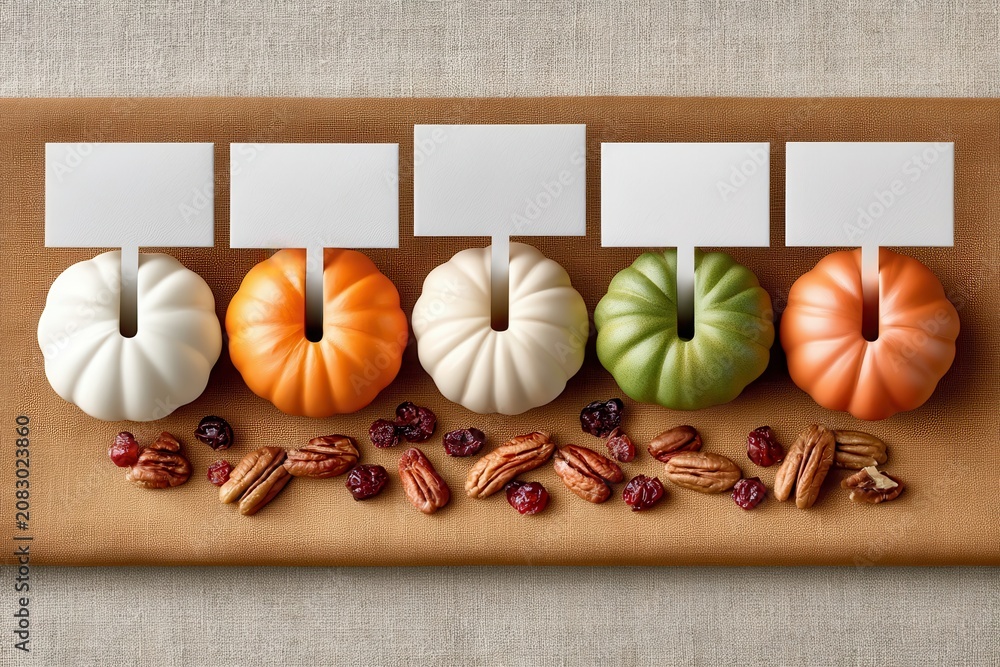 Fototapeta premium Thanksgiving table place card mockup with mini pumpkins, pecans and dried cranberries in autumn flat lay