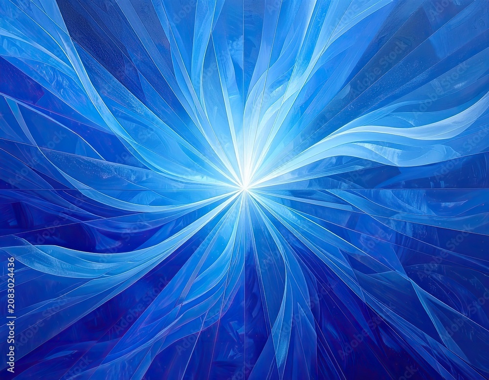 Obraz premium Glowing bright light bursts from center, radiating blue fractal energy