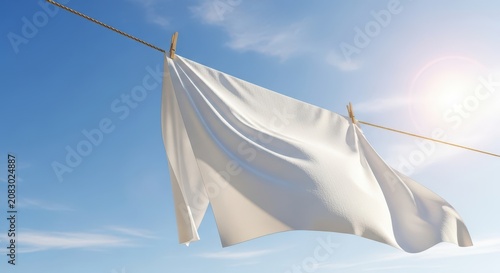 Laundry drying on a rope outdoors. Simple wooden clothes pegs grip the white sheet flapping gently in the spring breeze under sunlight, spring, rope, routine
