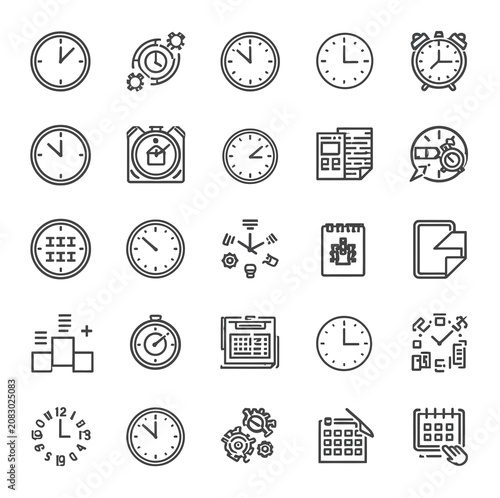 Time management icon set, black and white outline vector