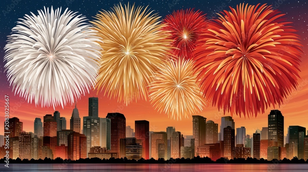 Fototapeta premium Fireworks over city skyline at sunset for New Year celebration and festive skyline panorama