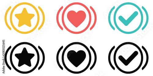 Photos circular icons featuring star heart and checkmark symbols for rating favorites approval and ui design concepts
