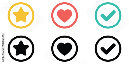 Tableau sur toile circular icons featuring star heart and checkmark symbols for rating favorites approval and ui design concepts